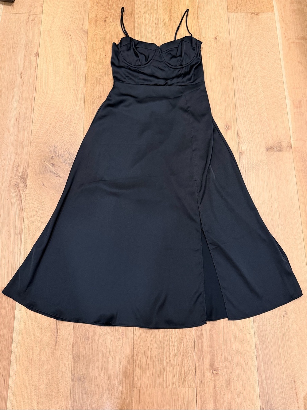 ASTR The Label Black Satin Bustier Midi Dress Size Small Slip Dress Side Slit